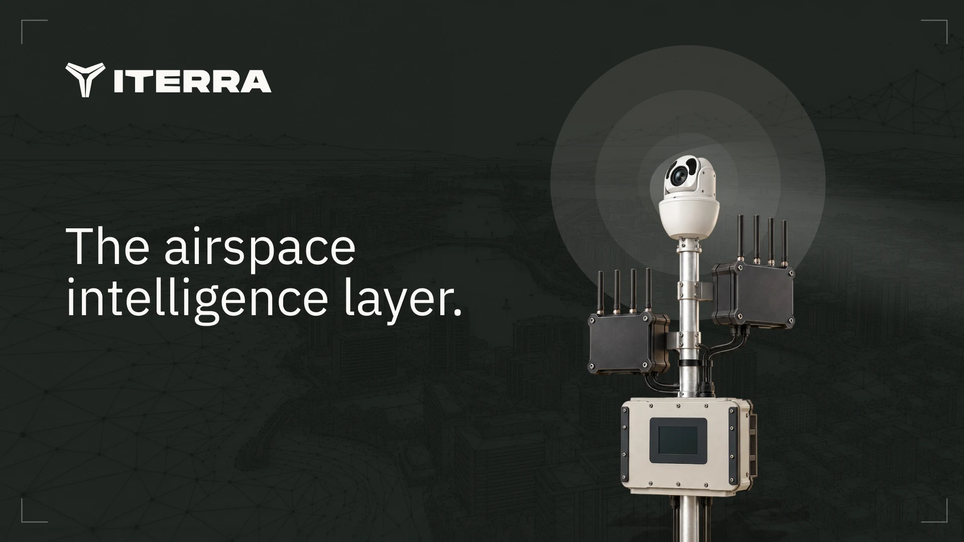 Design concept render of the ITERRA sensor node on a pole: a pan-tilt camera above two antenna enclosures and a controller box. Final hardware may vary in detail.